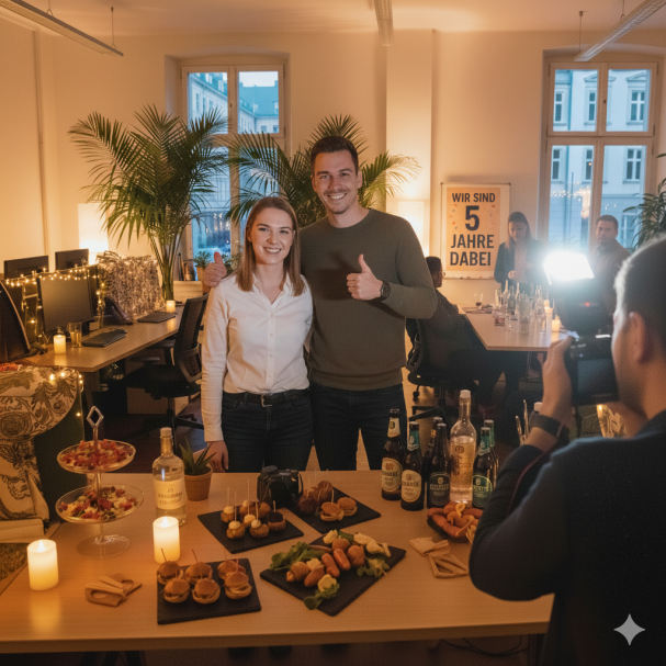 Zwei Personen posieren mit Essen und Getränken in einem festlich dekorierten Raum.