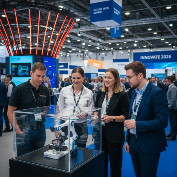 Vier Personen betrachten einen Roboterarm in einer Messeumgebung.